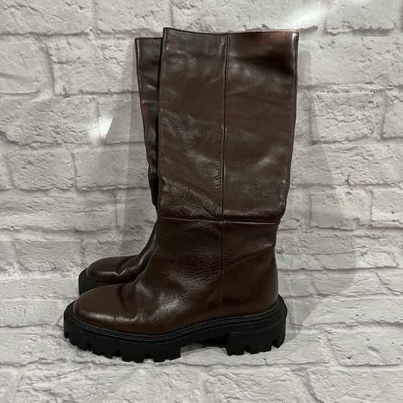 Zara leather knee high pull on lug boots size 36 (6) - Picture 1 of 9